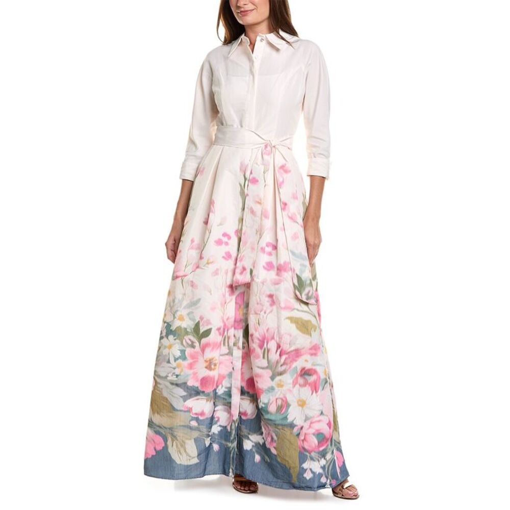 Teri Jon By Rickie Freeman Womens Taffeta Digital Placement Print Shirt Gown,